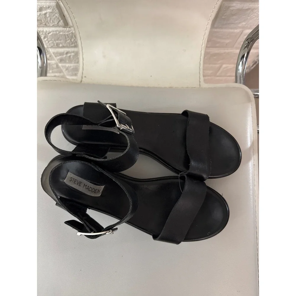 Steve Madden Black Leather Platform Sandals Made in Italy Ankle Strap Womens 10